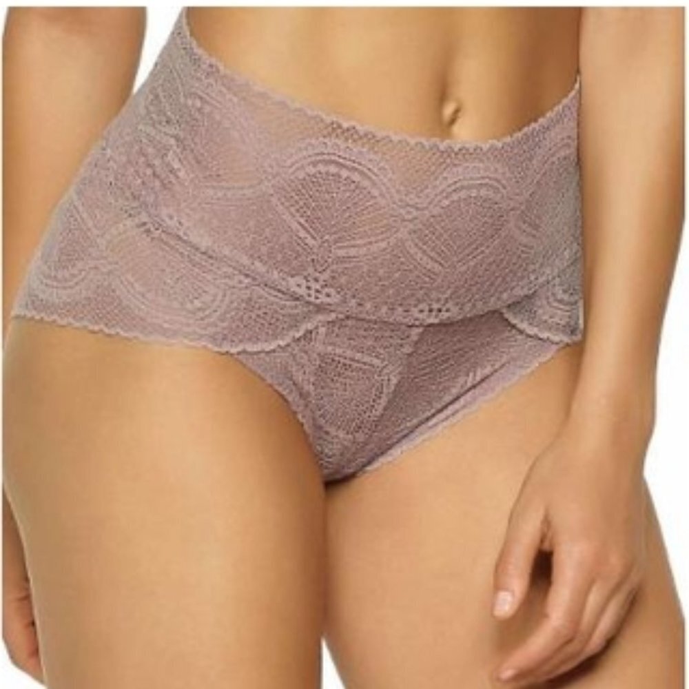 Felina Super Soft Stretchy Mock-Wrap Brief Lace Panty. In Mink